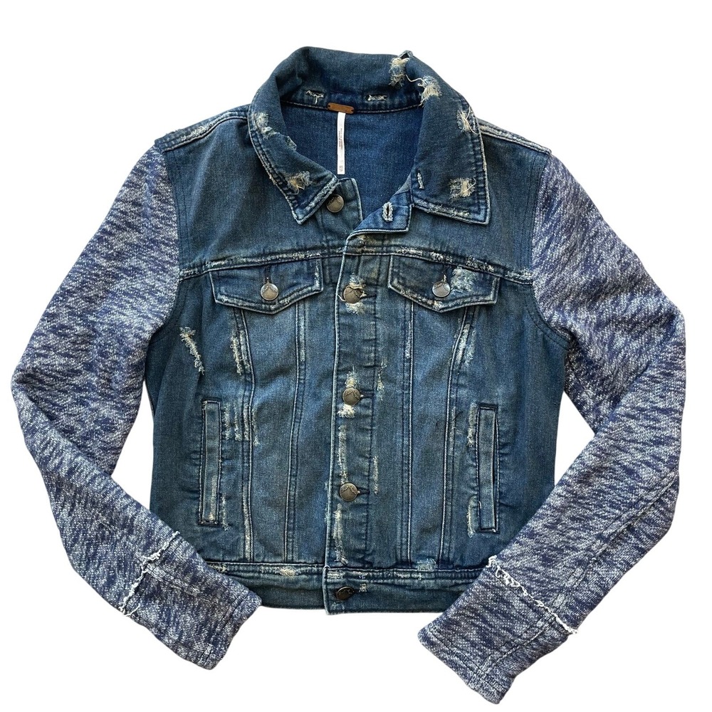Free People Women Distressed Denim Knit Jacket XS Long Sleeve Boho Jean Shacket